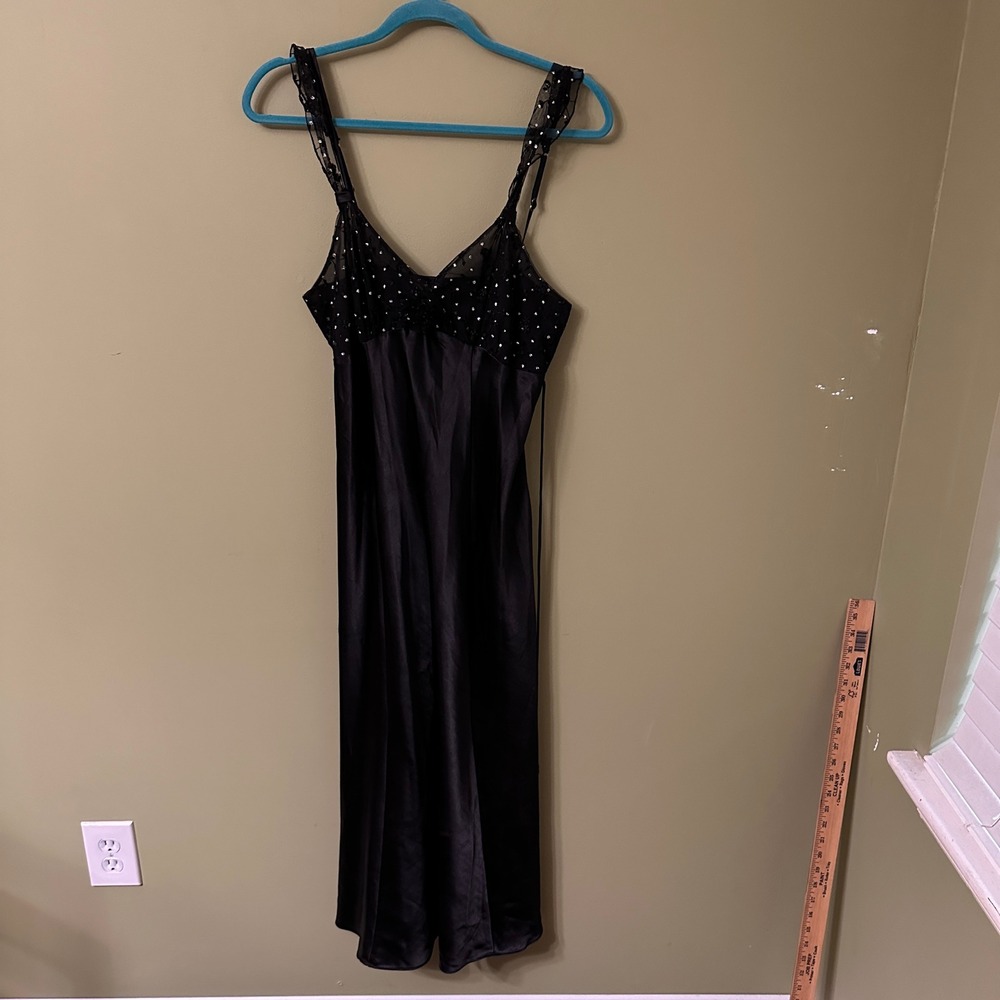 Delicates Black Satin Nightgown Sz S Sheer Lace Rhinestone Glam‎ Party Sexy